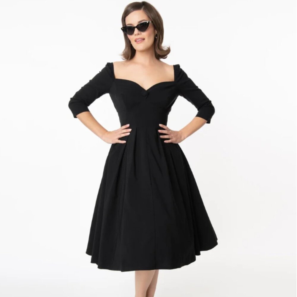 Unique Vintage 1950s Style Black Bengaline Sweetheart Lamar Swing Dress - XL/14
